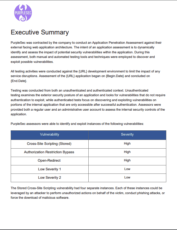 sample web application penetration test report - executive summary