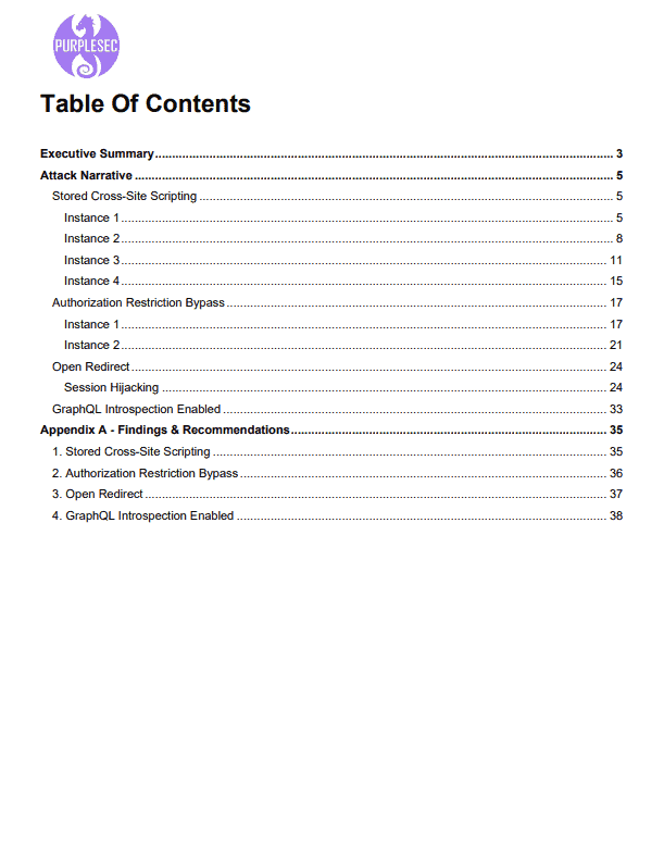 sample web application penetration test report - table of contents