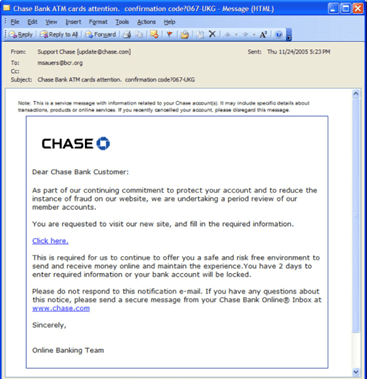 Example of a spoofed email from Chase Bank