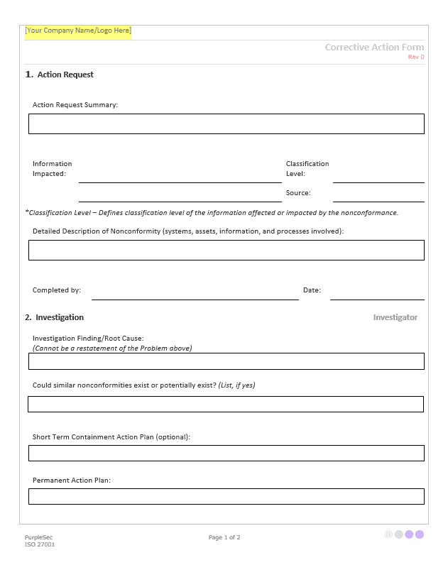 Corrective action form for ISO 270001