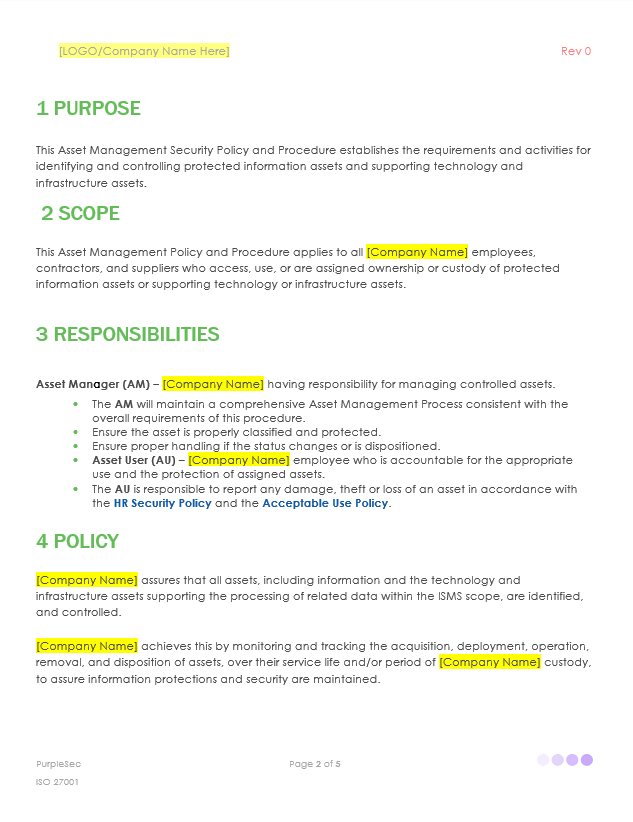 ISO 270001 asset management procedure