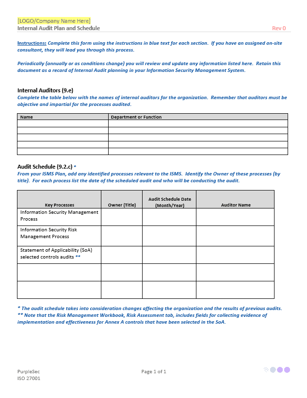 ISO 270001 internal audit plan and schedule