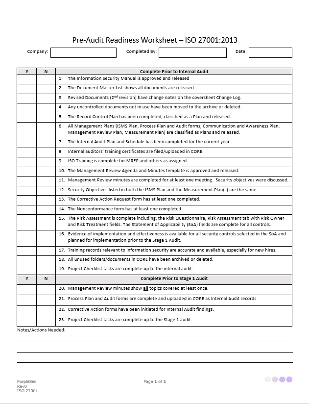 ISO 270001 pre audit readiness worksheet