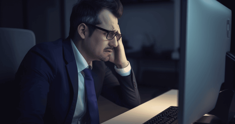 a business man at a computer looking frustrated