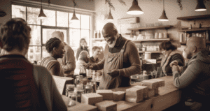 a coffee shop owner smiling with customers