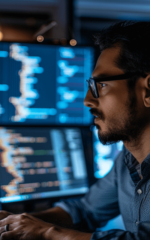 Business professional in front of a computer with multiple monitors