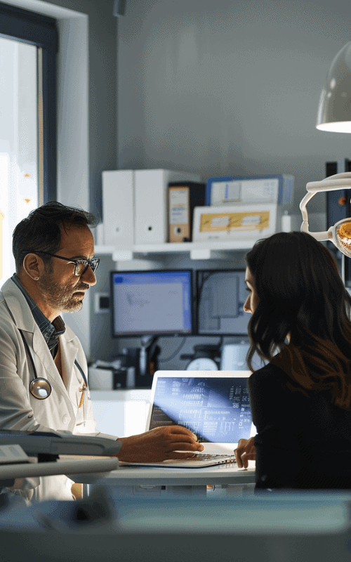 A doctor and woman in a patients room talk about results on a laptop