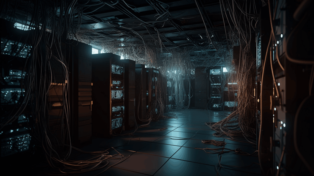 A dimly lit cable infested data center