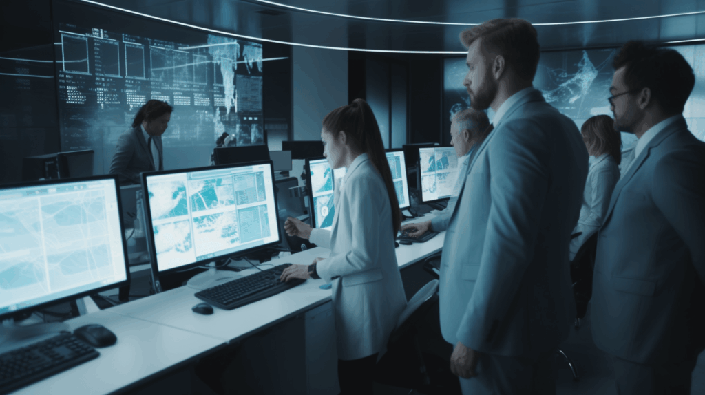 A group of professionals at a desk looking at a monitor