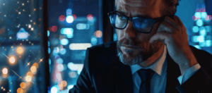 A male business executive with glasses and a beard and his hand against his head