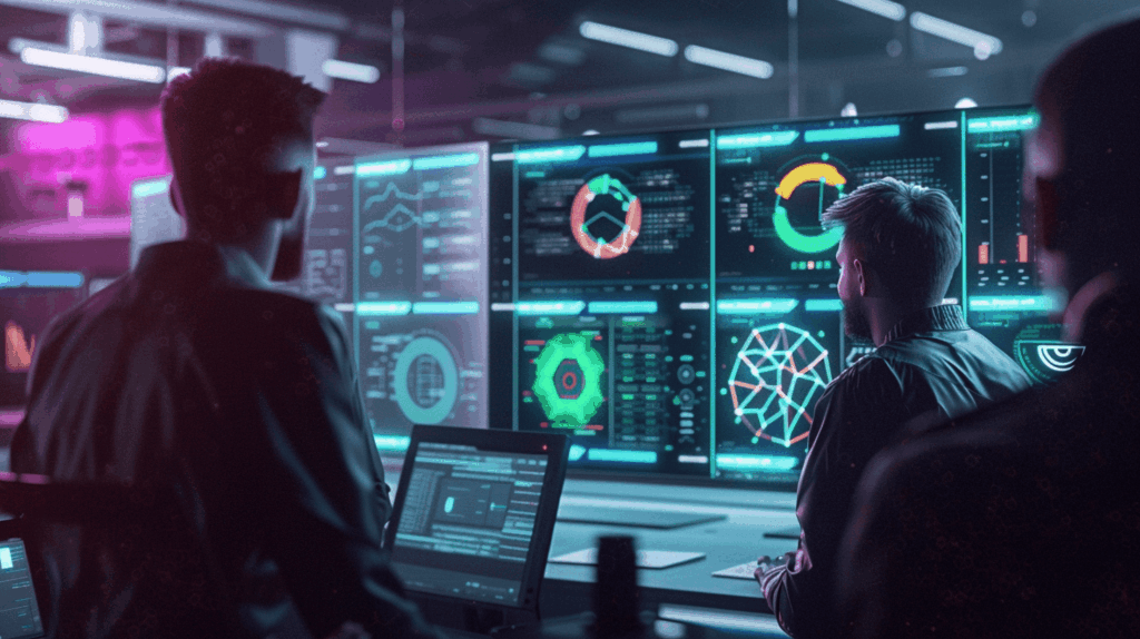 cybersecurity professionals looking at screens with charts
