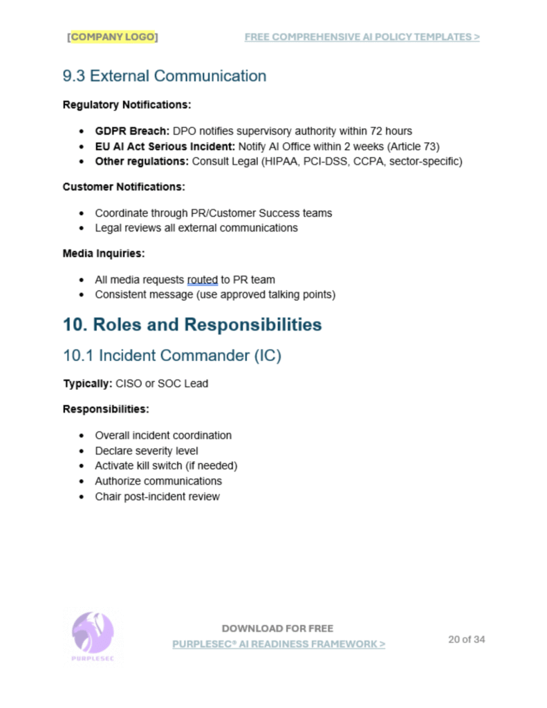 AI Incident Response Playbook roles and responsibilities
