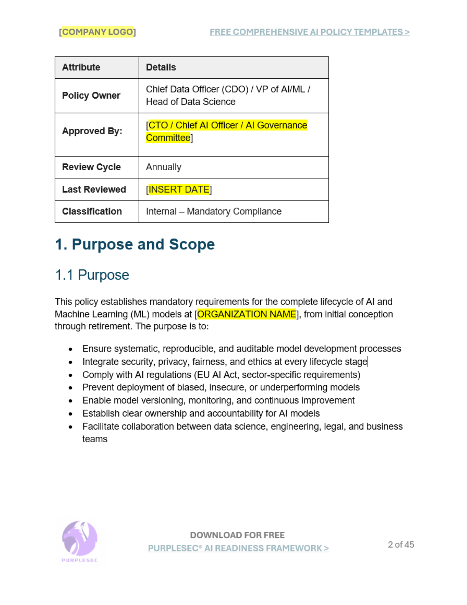 AI Model Development Lifecycle (AI MDLC) Policy purpose and scope