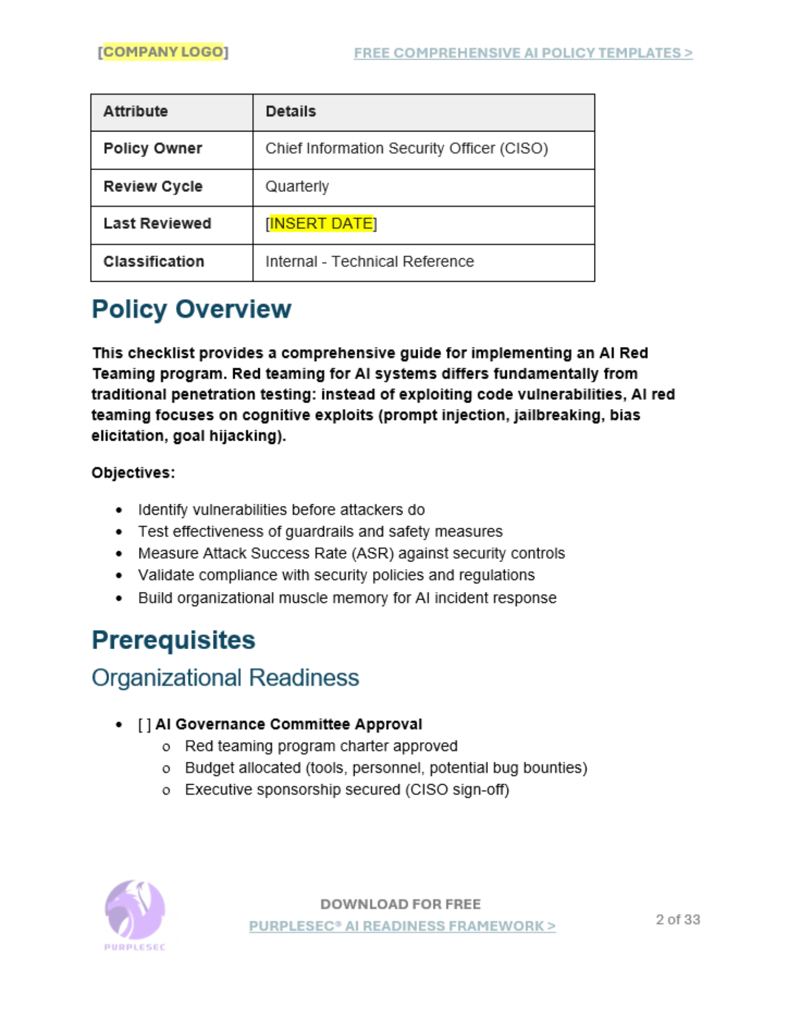 AI Red Teaming Implementation Checklist policy overview
