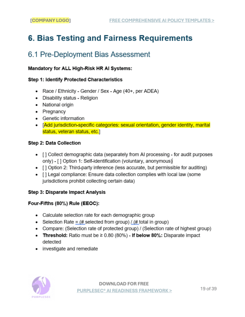 AI in human resources and employment policy bias testing and fairness requirements
