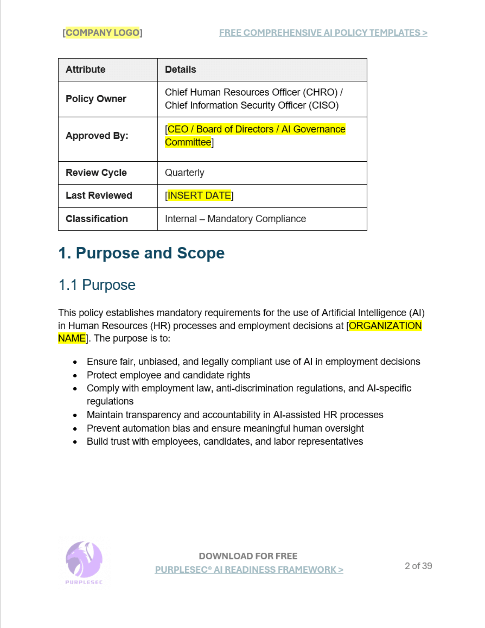 AI in human resources and employment policy purpose and scope