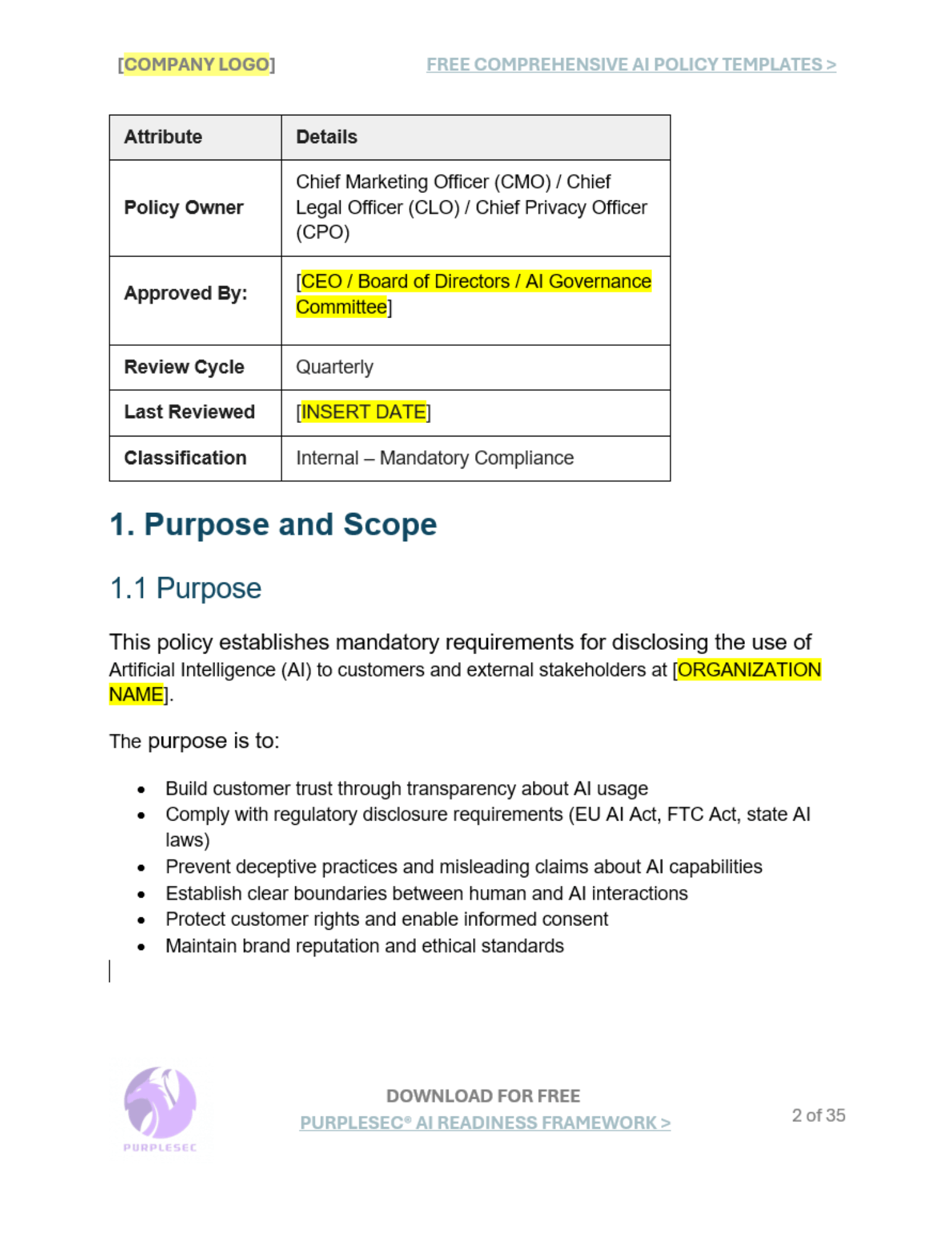 Customer-Facing AI Disclosure And Transparency Policy purpose and scope